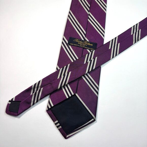 Brooks Brothers Stripped Repp Tie 100% Silk Purple White Mens Necktie - Picture 3 of 5